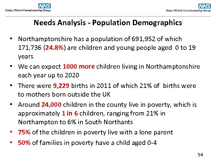Needs Analysis - Population Demographics • Northamptonshire has a population of 691, 952 of