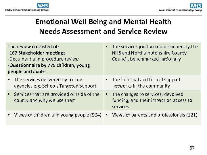 Emotional Well Being and Mental Health Needs Assessment and Service Review The review consisted