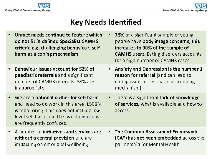 Key Needs Identified • Unmet needs continue to feature which do not fit in