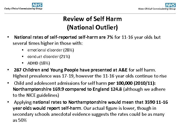 Review of Self Harm (National Outlier) • National rates of self-reported self-harm are 7%
