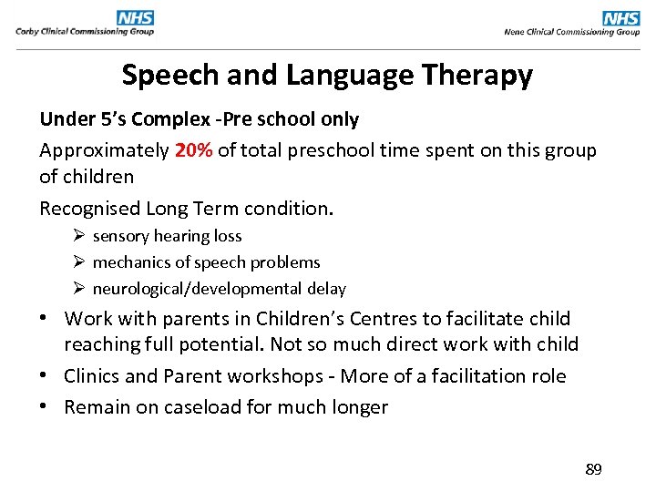 Speech and Language Therapy Under 5’s Complex -Pre school only Approximately 20% of total