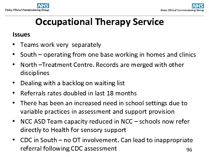 Occupational Therapy Service Issues • Teams work very separately • South – operating from