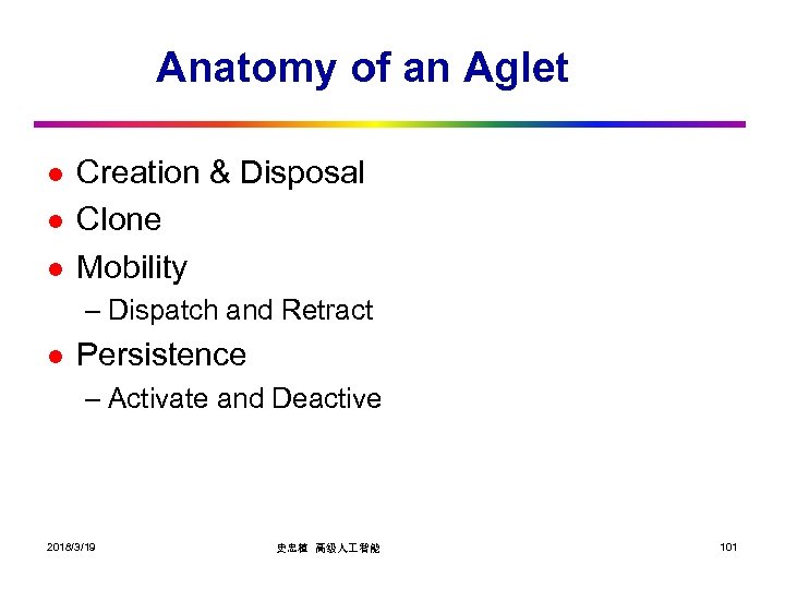 Anatomy of an Aglet l l l Creation & Disposal Clone Mobility – Dispatch