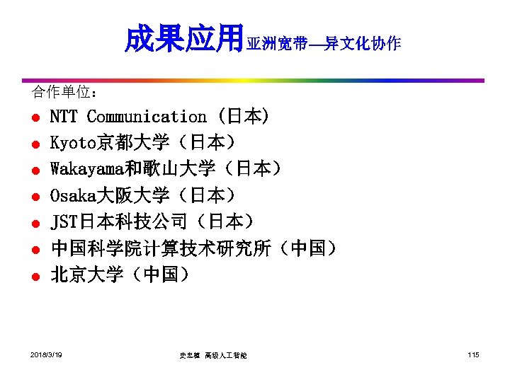 成果应用亚洲宽带—异文化协作 合作单位： l l l l NTT Communication (日本) Kyoto京都大学（日本） Wakayama和歌山大学（日本） Osaka大阪大学（日本） JST日本科技公司（日本） 中国科学院计算技术研究所（中国）