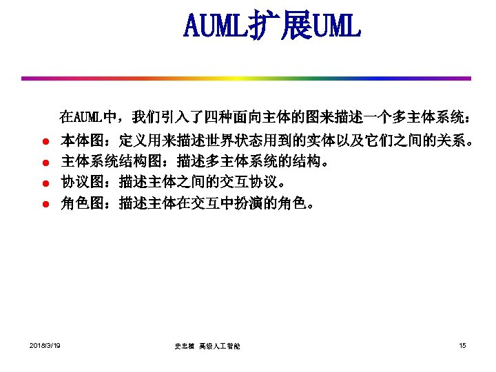 AUML扩展UML 在AUML中，我们引入了四种面向主体的图来描述一个多主体系统： l l 2018/3/19 本体图：定义用来描述世界状态用到的实体以及它们之间的关系。 主体系统结构图：描述多主体系统的结构。 协议图：描述主体之间的交互协议。 角色图：描述主体在交互中扮演的角色。 史忠植 高级人 智能 15 