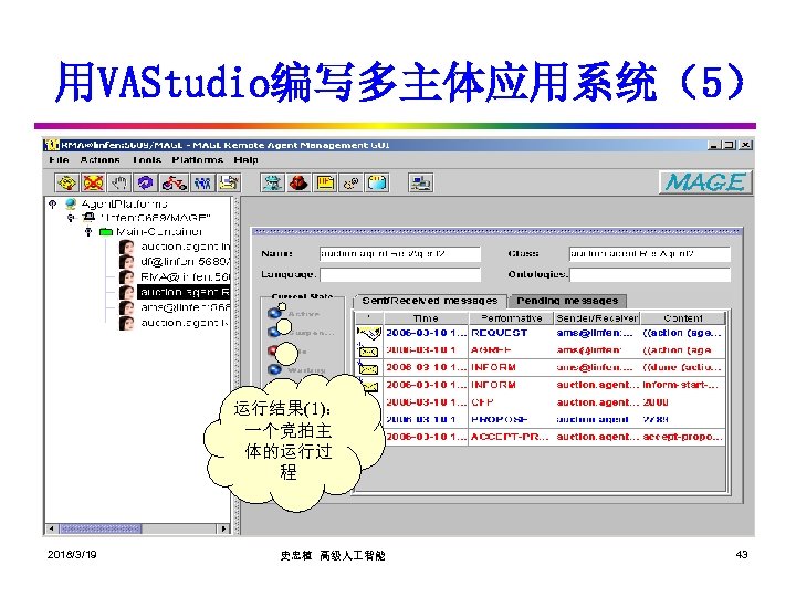 用VAStudio编写多主体应用系统（5） 运行结果(1)： 一个竞拍主 体的运行过 程 2018/3/19 史忠植 高级人 智能 43 