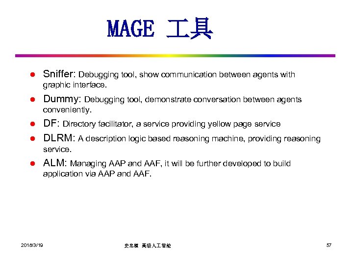 MAGE 具 l Sniffer: Debugging tool, show communication between agents with graphic interface. l