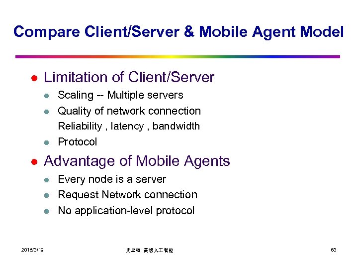 Compare Client/Server & Mobile Agent Model l Limitation of Client/Server l l Advantage of