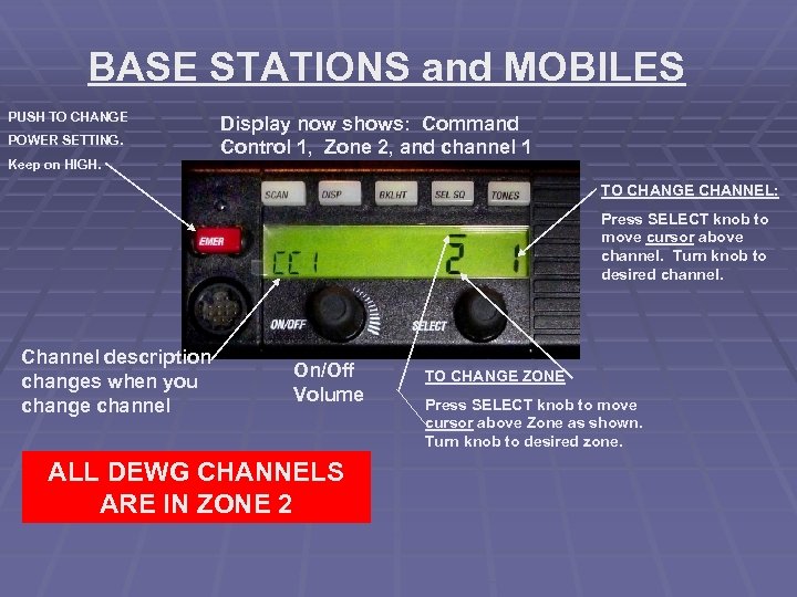 BASE STATIONS and MOBILES PUSH TO CHANGE POWER SETTING. Keep on HIGH. Display now