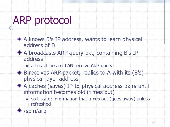 ARP protocol A knows B's IP address, wants to learn physical address of B