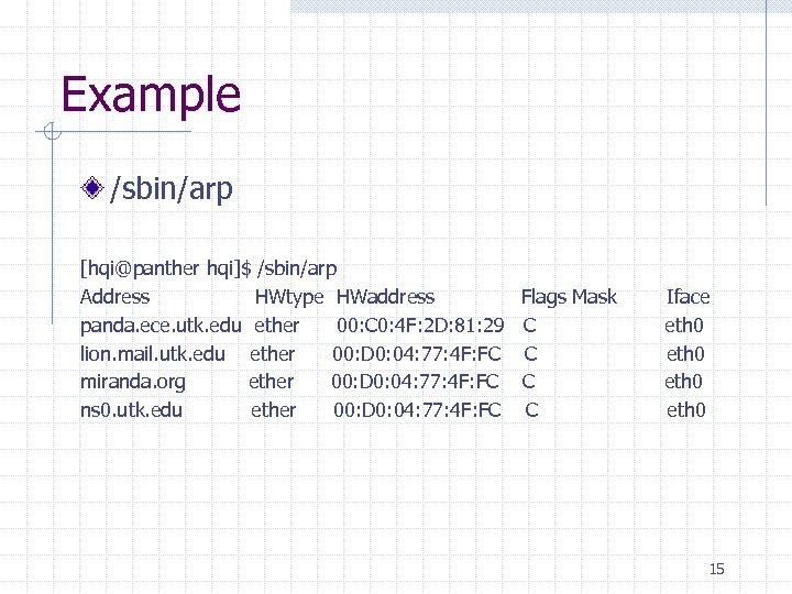 Example /sbin/arp [hqi@panther hqi]$ /sbin/arp Address HWtype HWaddress Flags Mask panda. ece. utk. edu