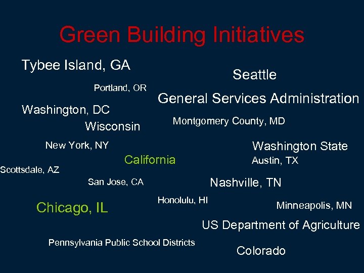Green Building Initiatives Tybee Island, GA Portland, OR Washington, DC Wisconsin Seattle General Services