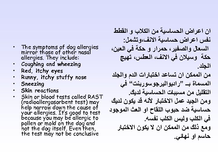  • • The symptoms of dog allergies mirror those of other nasal allergies.