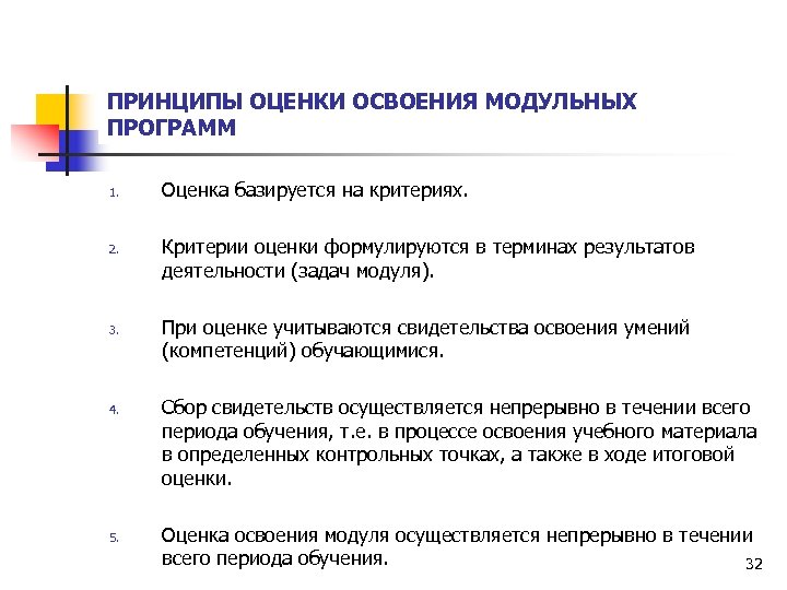 ПРИНЦИПЫ ОЦЕНКИ ОСВОЕНИЯ МОДУЛЬНЫХ ПРОГРАММ 1. 2. 3. 4. 5. Оценка базируется на критериях.