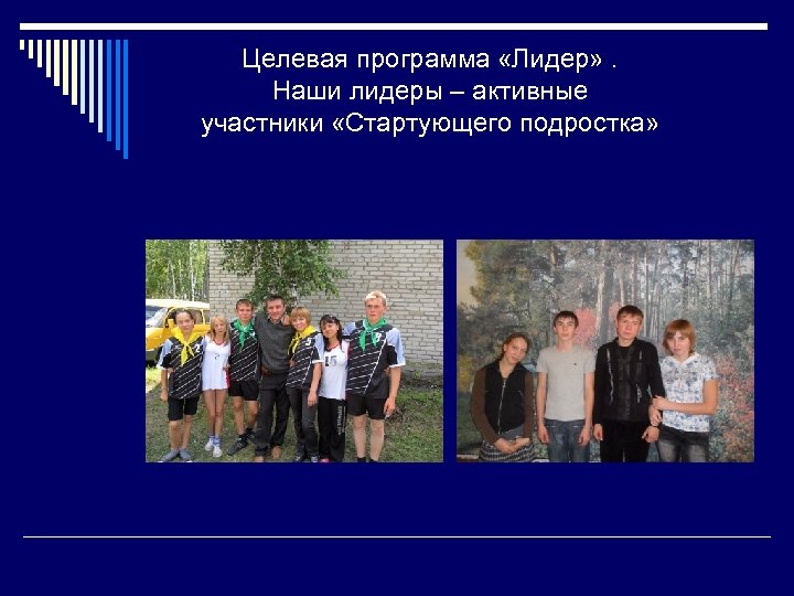 Целевая программа «Лидер» . Наши лидеры – активные участники «Стартующего подростка» 