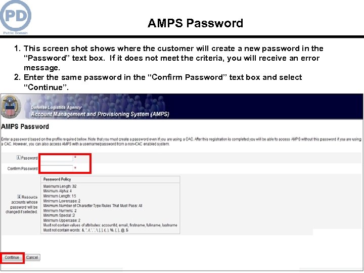 AMPS Password 1. This screen shot shows where the customer will create a new