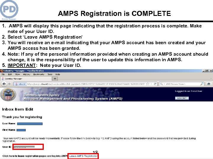 AMPS Registration is COMPLETE 1. AMPS will display this page indicating that the registration