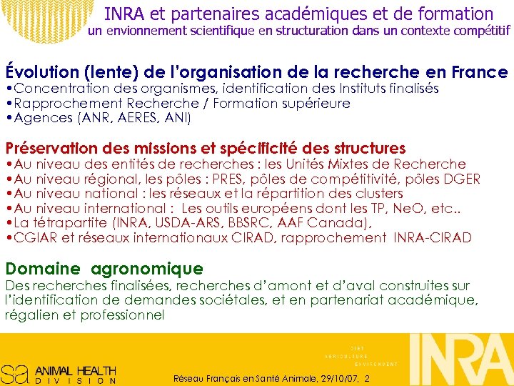 INRA et partenaires académiques et de formation un envionnement scientifique en structuration dans un