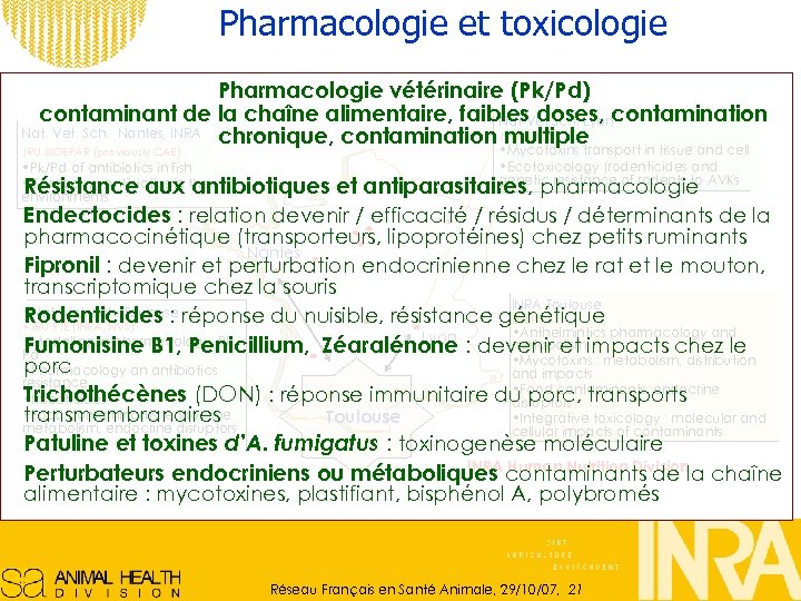 Pharmacologie et toxicologie Pharmacologie vétérinaire (Pk/Pd) contaminant de la chaîne alimentaire, faibles. Vet Sch.