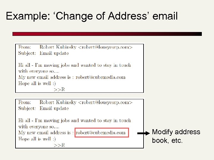 Example: ‘Change of Address’ email Modify address book, etc. 