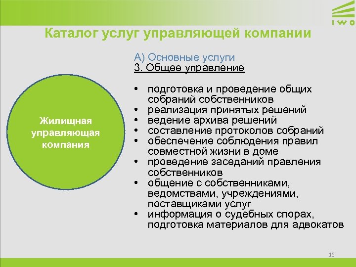 Каталог услуг управляющей компании А) Основные услуги 3. Общее управление Жилищная управляющая компания •