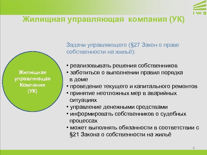 Жилищная управляющая компания (УК) Задачи управляющего (§ 27 Закон о праве собственности на жильё):