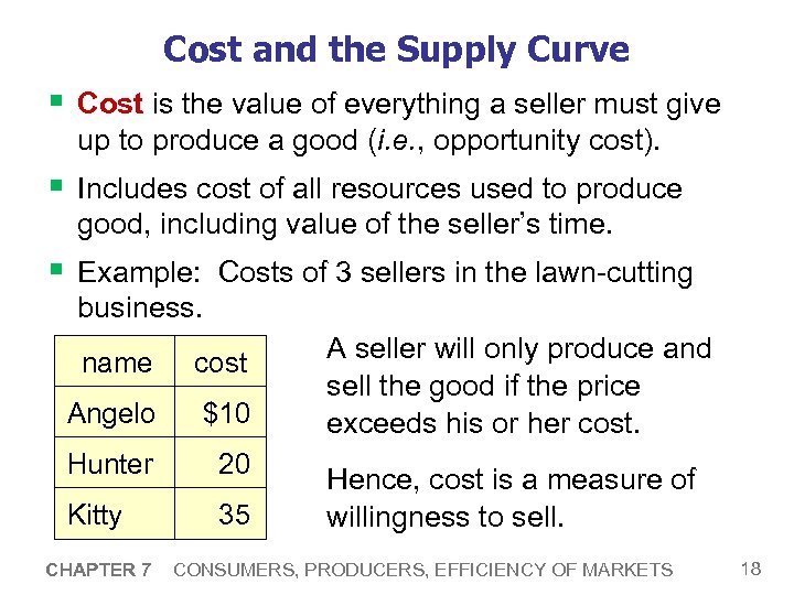 Cost and the Supply Curve § Cost is the value of everything a seller