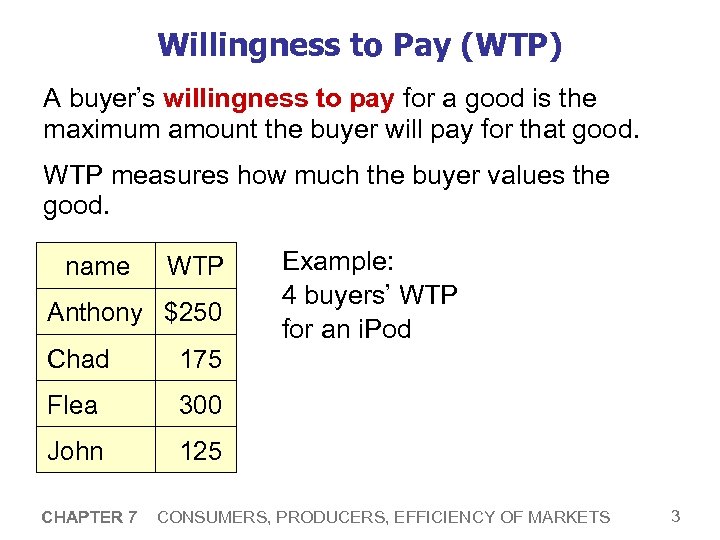 Willingness to Pay (WTP) A buyer’s willingness to pay for a good is the
