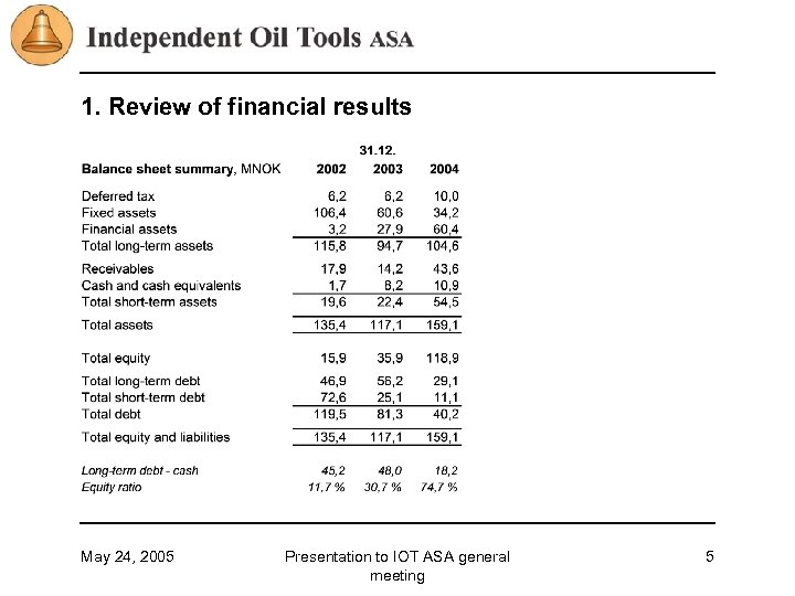 1. Review of financial results May 24, 2005 Presentation to IOT ASA general meeting