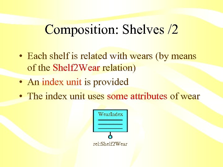 Composition: Shelves /2 • Each shelf is related with wears (by means of the