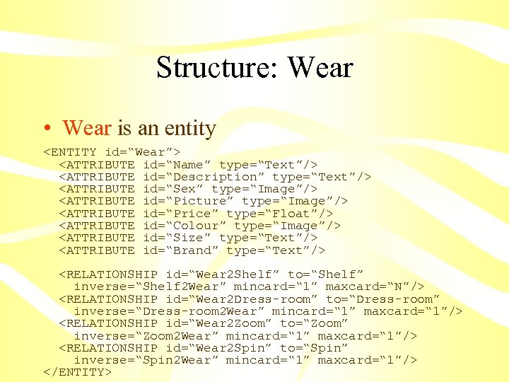 Structure: Wear • Wear is an entity <ENTITY id=“Wear”> <ATTRIBUTE id=“Name” type=“Text”/> <ATTRIBUTE id=“Description”