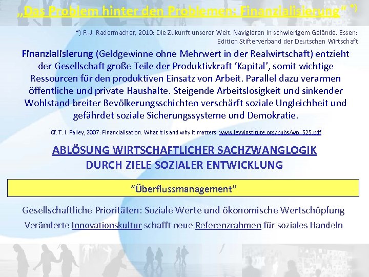 „Das Problem hinter den Problemen: Finanzialisierung“ *) *) F. -J. Radermacher, 2010: Die Zukunft