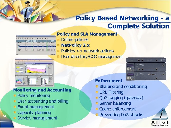 Policy Based Networking - a Complete Solution Policy and SLA Management Define policies Net.