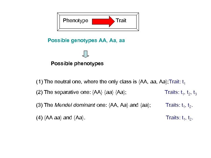 Phenotype Trait Possible genotypes AA, Aa, aa Possible phenotypes (1) The neutral one, where