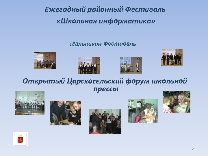 Ежегодный районный Фестиваль «Школьная информатика» Малышкин Фестиваль Открытый Царскосельский форум школьной прессы 21 