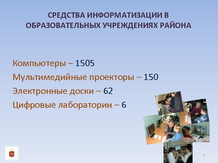 СРЕДСТВА ИНФОРМАТИЗАЦИИ В ОБРАЗОВАТЕЛЬНЫХ УЧРЕЖДЕНИЯХ РАЙОНА Компьютеры – 1505 Мультимедийные проекторы – 150 Электронные