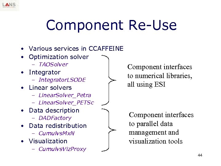 Component Re-Use • Various services in CCAFFEINE • Optimization solver – TAOSolver • Integrator