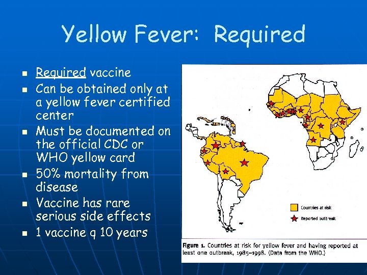 Yellow Fever: Required n n n Required vaccine Can be obtained only at a