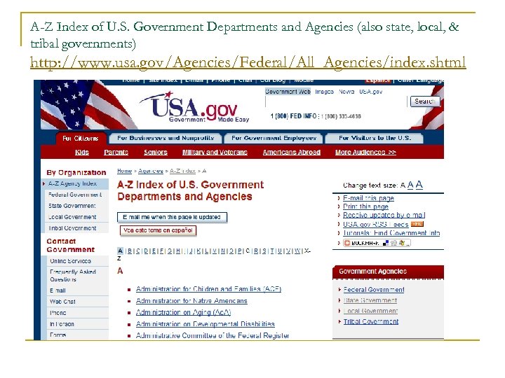 A-Z Index of U. S. Government Departments and Agencies (also state, local, & tribal