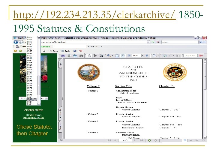 http: //192. 234. 213. 35/clerkarchive/ 18501995 Statutes & Constitutions Chose Statute, Choose then Chapter