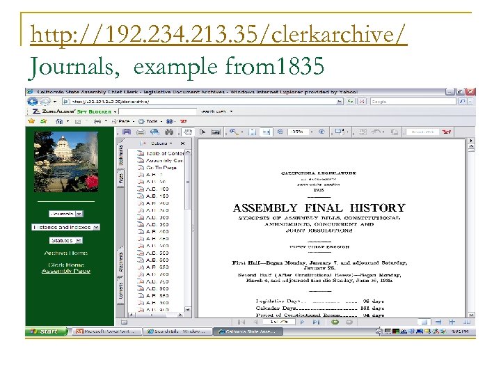 http: //192. 234. 213. 35/clerkarchive/ Journals, example from 1835 