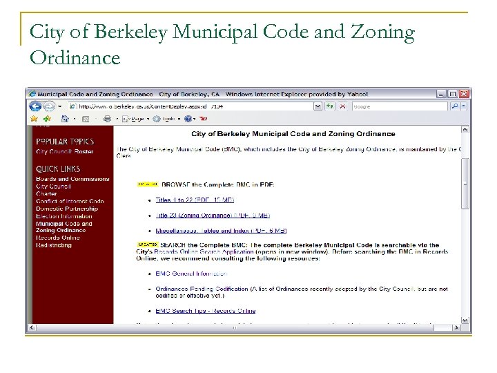 City of Berkeley Municipal Code and Zoning Ordinance 