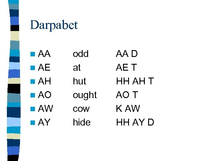 Darpabet n AA n AE n AH n AO n AW n AY odd