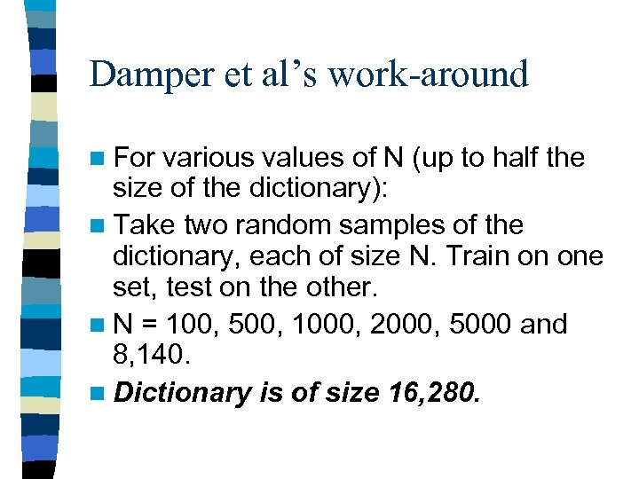 Damper et al’s work-around n For various values of N (up to half the