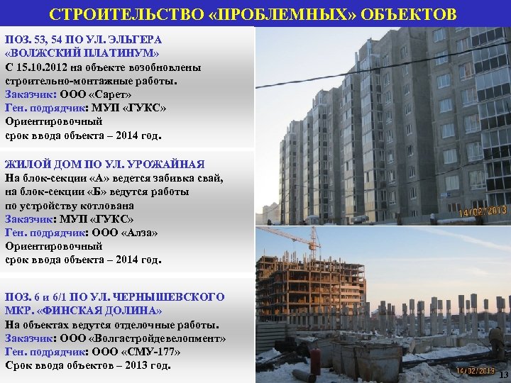 СТРОИТЕЛЬСТВО «ПРОБЛЕМНЫХ» ОБЪЕКТОВ ПОЗ. 53, 54 ПО УЛ. ЭЛЬГЕРА «ВОЛЖСКИЙ ПЛАТИНУМ» С 15. 10.