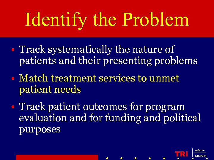 Identify the Problem • Track systematically the nature of patients and their presenting problems