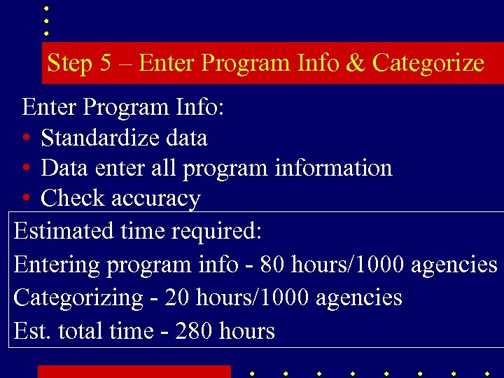 Step 5 – Enter Program Info & Categorize Enter Program Info: • Standardize data