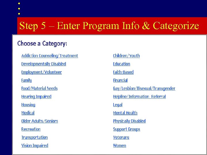 Step 5 – Enter Program Info & Categorize 