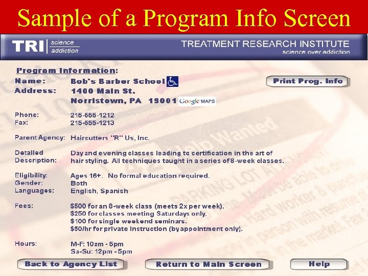 Sample of a Program Info Screen 