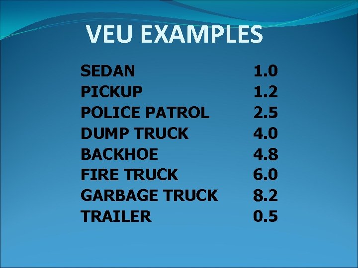 VEU EXAMPLES SEDAN PICKUP POLICE PATROL DUMP TRUCK BACKHOE FIRE TRUCK GARBAGE TRUCK TRAILER